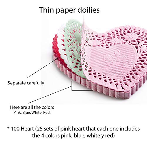 RIVCOIM Heart Doilies: Elegant Paper Doilies for Crafts and Valentines 4 inch - 100 Pcs of Paper Heart Doilies in Red, Pink, White, Blue (25 Each) - Perfect for creative decorations. - Image 2