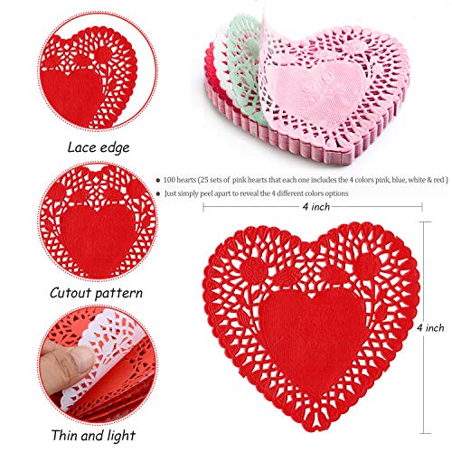 RIVCOIM Heart Doilies: Elegant Paper Doilies for Crafts and Valentines 4 inch - 100 Pcs of Paper Heart Doilies in Red, Pink, White, Blue (25 Each) - Perfect for creative decorations. - Image 3
