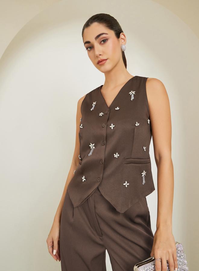 Styli Women Brown Embellished Sleeveless Waistcoat - Image 1