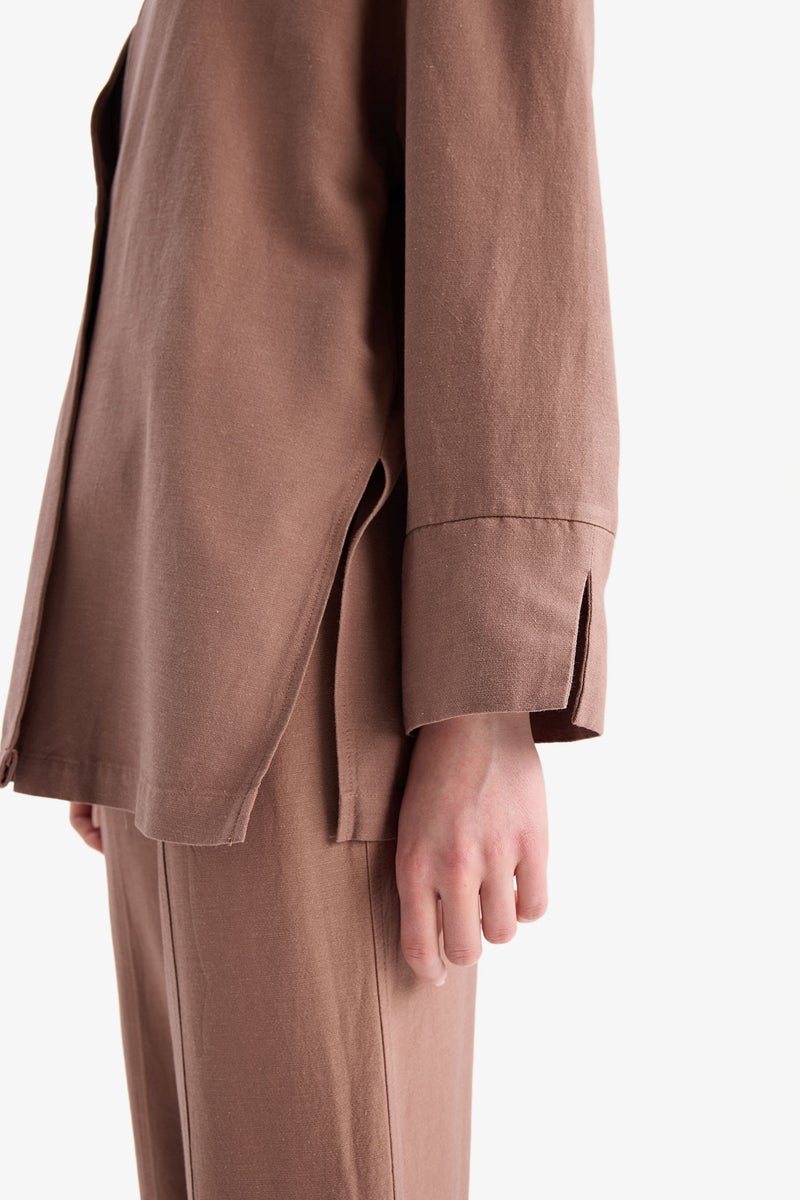 DeFacto Brown Woman Relax Fit Linen Look Long Sleeve Tunic Casual - Image 4