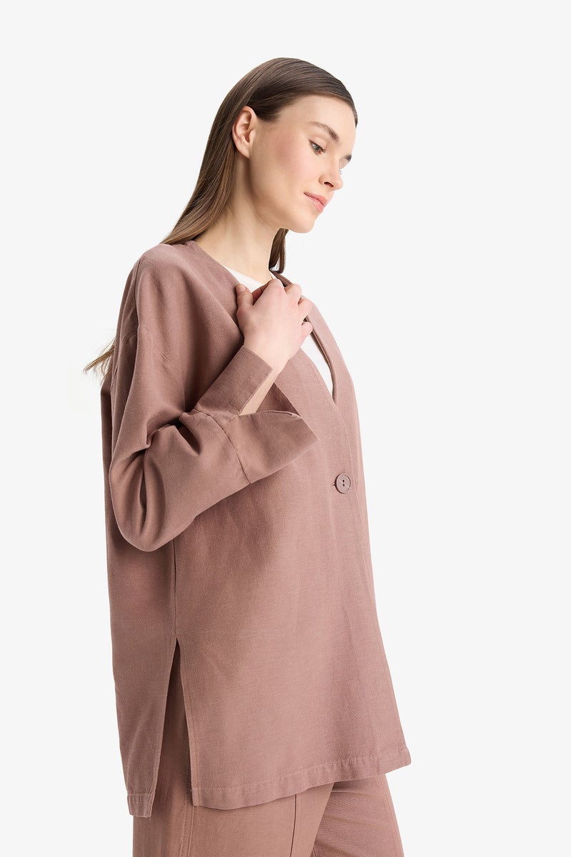 DeFacto Brown Woman Relax Fit Linen Look Long Sleeve Tunic Casual - Image 3