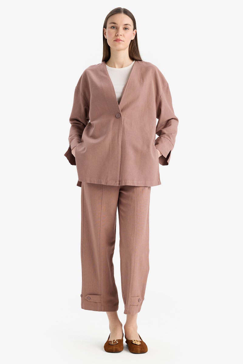 DeFacto Brown Woman Relax Fit Linen Look Long Sleeve Tunic Casual - Image 2