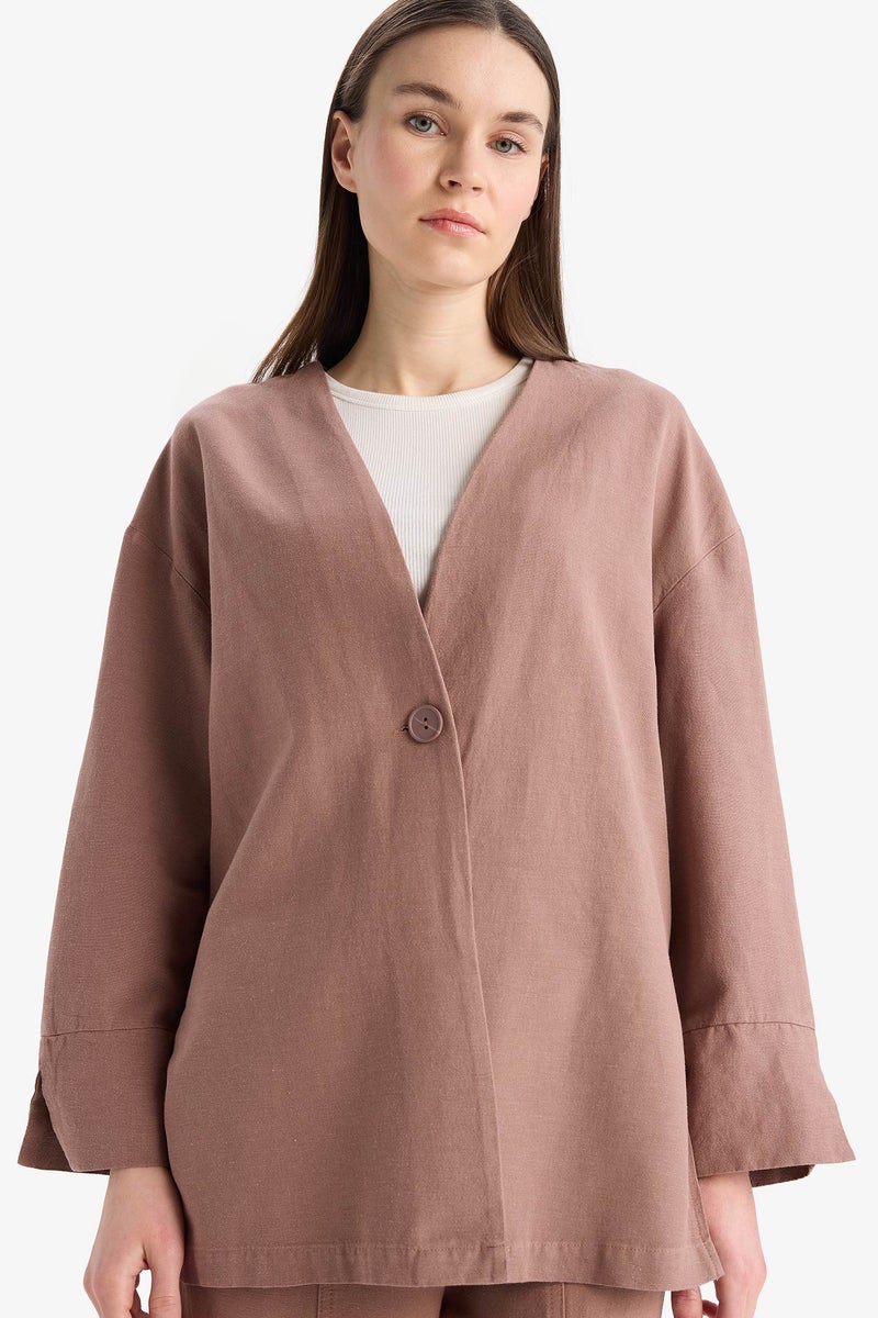 DeFacto Brown Woman Relax Fit Linen Look Long Sleeve Tunic Casual - Image 1