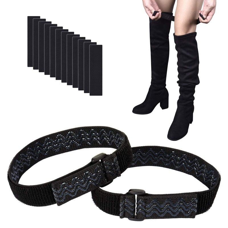 Wisdompro Boot Straps 1 Pair Knee Boot Straps of Elastic Adjustable Belt plus Extra 12 Pcs Adhesive Tape Hook Sticker for falloff prevention