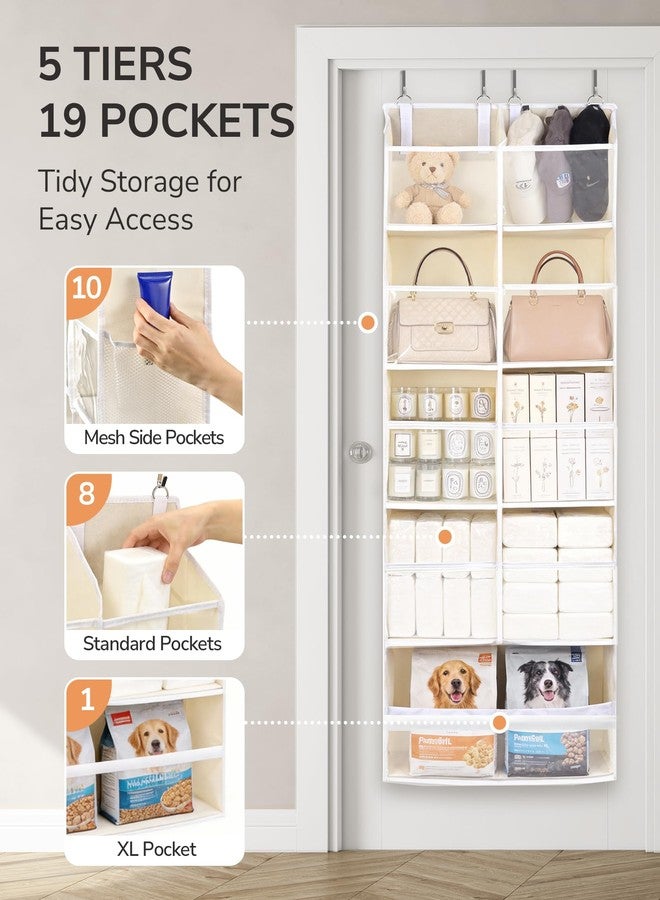 ULG Over the Door Organizer, 5-Tier Hanging Storage with Clear Windows, 19 Pockets for Closet, Pantry, Bathroom & Nursery Doors, Extra Large Storage Space with 4 Hooks, Easy to Install, Beige, 1-Pack - Image 3