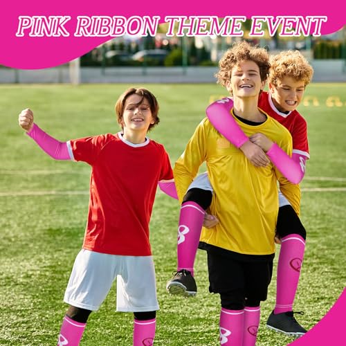 Cozypower 6 Set Breast Cancer Awareness Sleeves and Socks Pink Ribbon Football Arm Sleeves Knee High Socks for Youth Sport XsPink - Image 3
