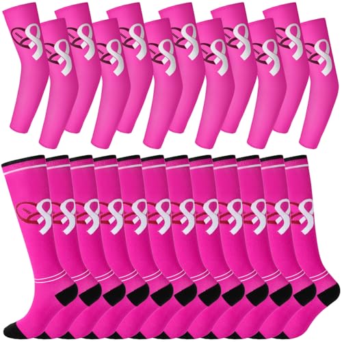 Cozypower 6 Set Breast Cancer Awareness Sleeves and Socks Pink Ribbon Football Arm Sleeves Knee High Socks for Youth Sport XsPink - Image 1