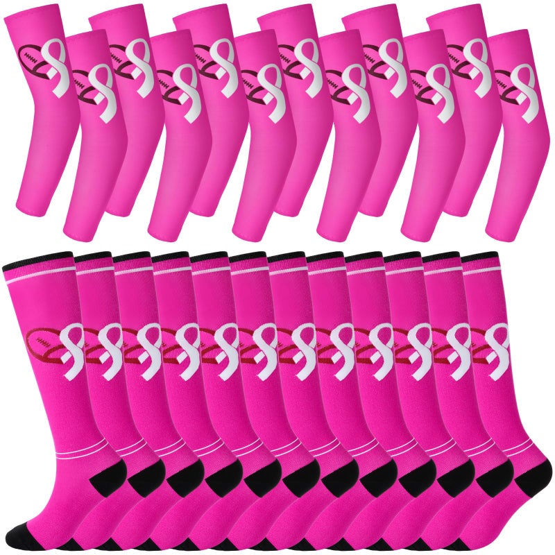 Cozypower 6 Set Breast Cancer Awareness Sleeves and Socks Pink Ribbon Football Arm Sleeves Knee High Socks for Youth Sport XsPink - Image 2