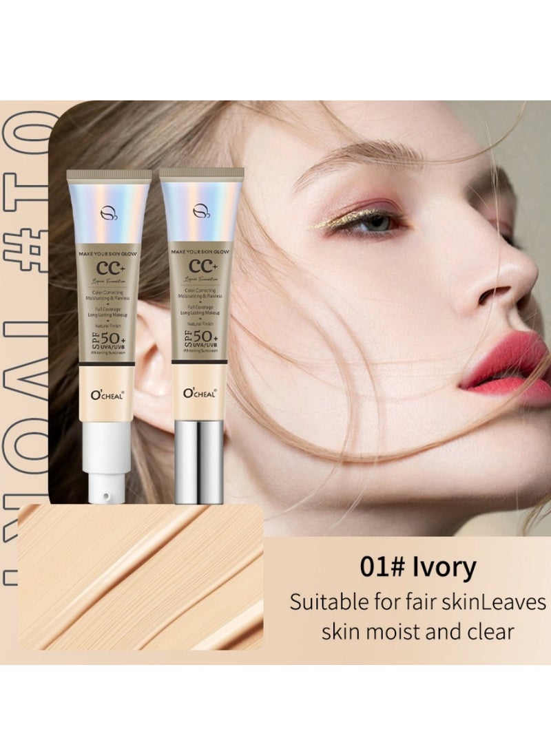 OCHEAL CC+ Color Correcting Cream, Full Coverage Foundation With SPF 50+ Whitening Sunscreen, Color Correcting And Brightening Face Cream, Skin Tone Adjusting CC Cream, Ivory - Image 3