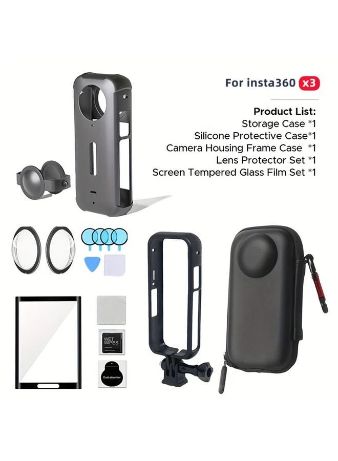 Insta360 X3 واقي عدسة الكاميرا حافظة سيليكون إطار حقيبة تخزين مجموعة حماية للجسم أسود - Image 1