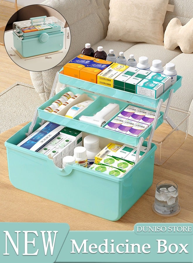 DUNISO Medicine Box Plastic Medicine Storage Box Family Emergency Kit Medical Kit 3 Layers Home First Aid Box Child Proof Medicine Box Organizer Pill Case with Compartments and Handle - Image 1