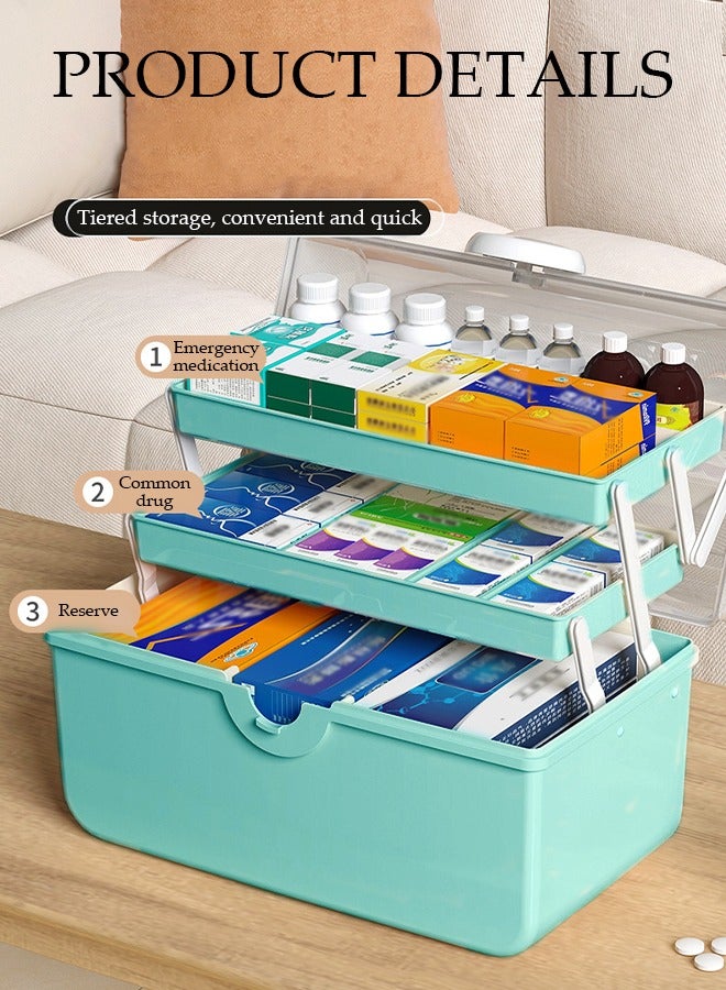 DUNISO Medicine Box Plastic Medicine Storage Box Family Emergency Kit Medical Kit 3 Layers Home First Aid Box Child Proof Medicine Box Organizer Pill Case with Compartments and Handle - Image 2