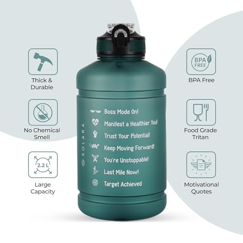 SOLARA Sipper Water Bottle for Adults 2.2 Litre with Motivational Time Marker, Leakproof Durable BPA Free Non-Toxic Tritan Water bottle for Gym, Home, Travel, Sports, Gifts and Office, Hunter Green - Image 3