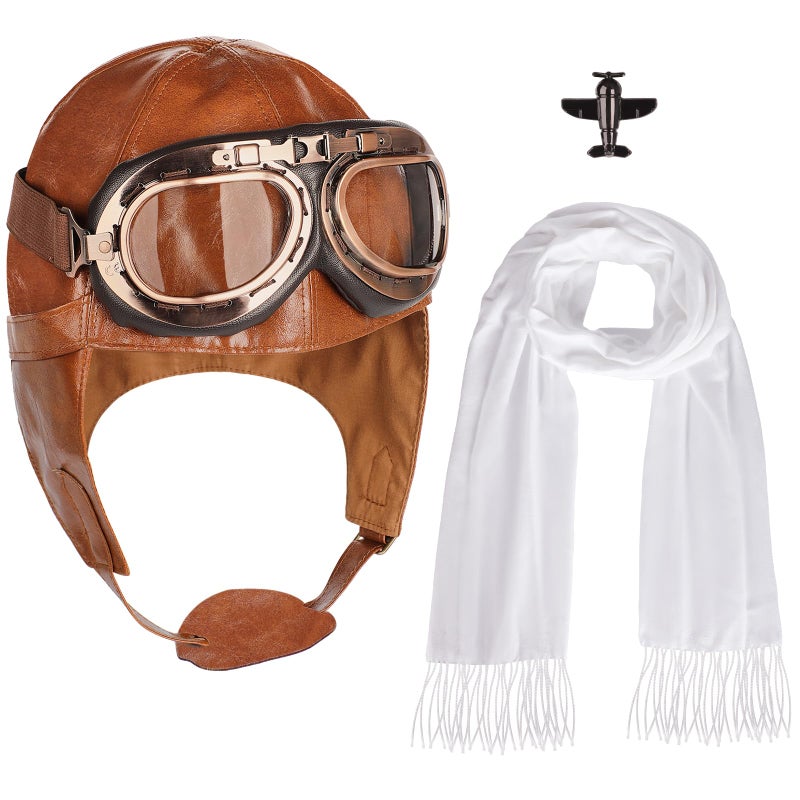 Acekar Aviator Hat,4Pcs Aviator Costume Accessories With Goggles White Scarf Brooch,Pilot Cap for Adults Halloween Party - Image 1