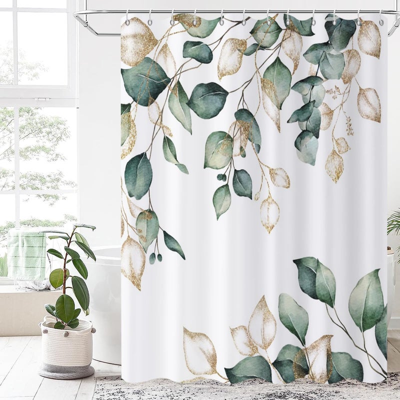 Sage Green Leaf Shower Curtain, Green and Gold Eucalyptus Leaf Botanical 56 Wx72 L - Image 1