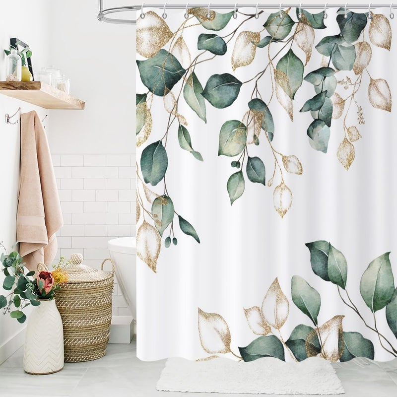 Sage Green Leaf Shower Curtain, Green and Gold Eucalyptus Leaf Botanical 56 Wx72 L - Image 3