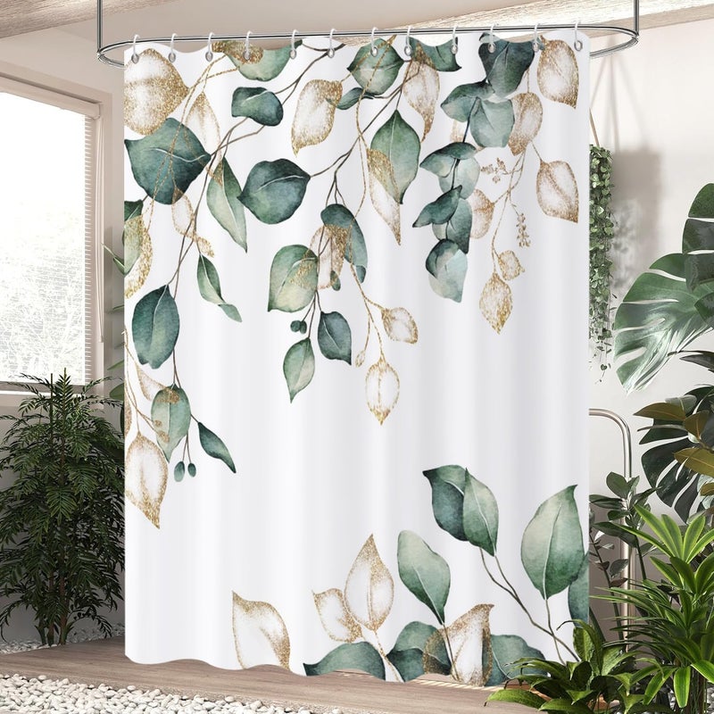Sage Green Leaf Shower Curtain, Green and Gold Eucalyptus Leaf Botanical 56 Wx72 L - Image 2