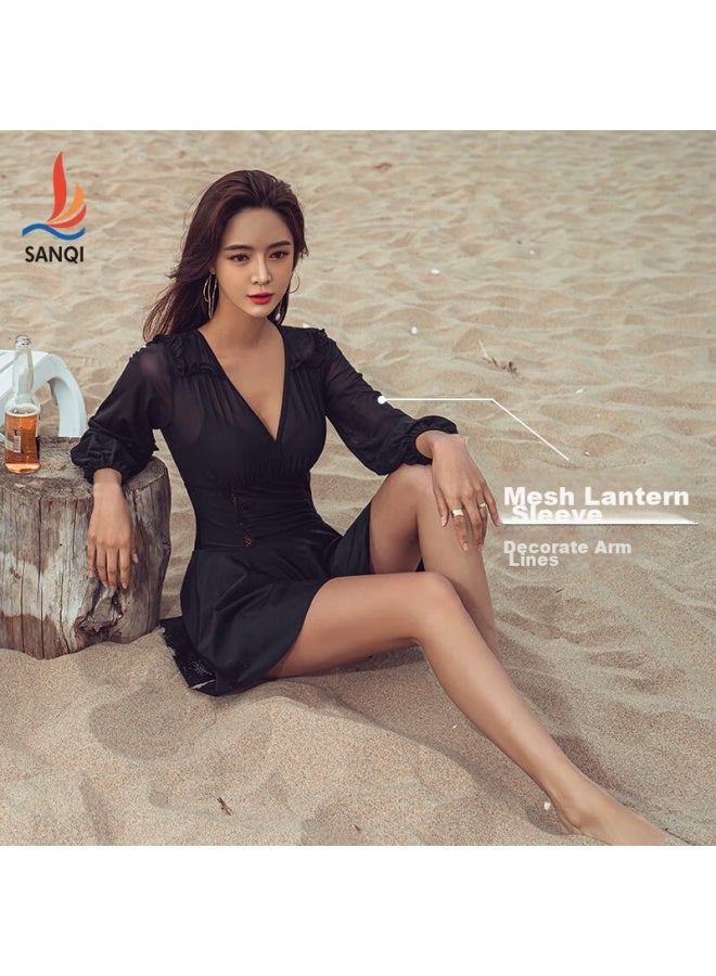 Sanqi Swimsuit For Women, Slimming, Tummy-concealing, Conservative One-piece Dress, Fairy-style, Long-sleeved Hot Spring Swimming Costume, 21018 Black, Xxl - Image 4