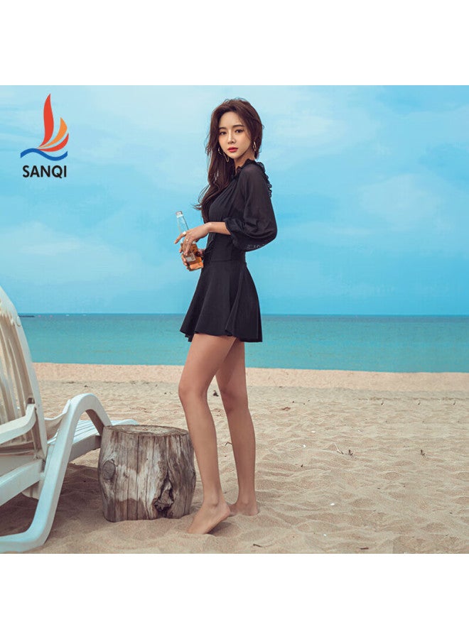 Sanqi Swimsuit For Women, Slimming, Tummy-concealing, Conservative One-piece Dress, Fairy-style, Long-sleeved Hot Spring Swimming Costume, 21018 Black, Xxl - Image 2