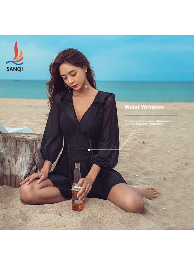 Sanqi Swimsuit For Women, Slimming, Tummy-concealing, Conservative One-piece Dress, Fairy-style, Long-sleeved Hot Spring Swimming Costume, 21018 Black, Xxl - Image 3
