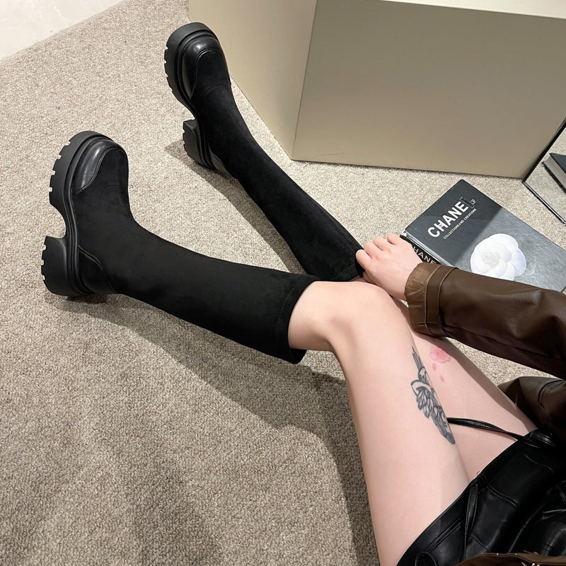 Chic Velvet Thigh High Womens Boots Autumn Winter Black cotton 