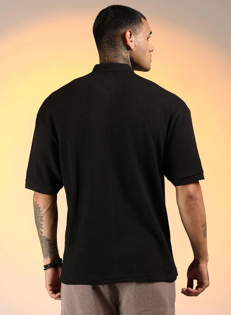 CAHOOT  Men's Onyx Black Micro-Waffle Polo T-Shirt for Men | Best Price UAE
