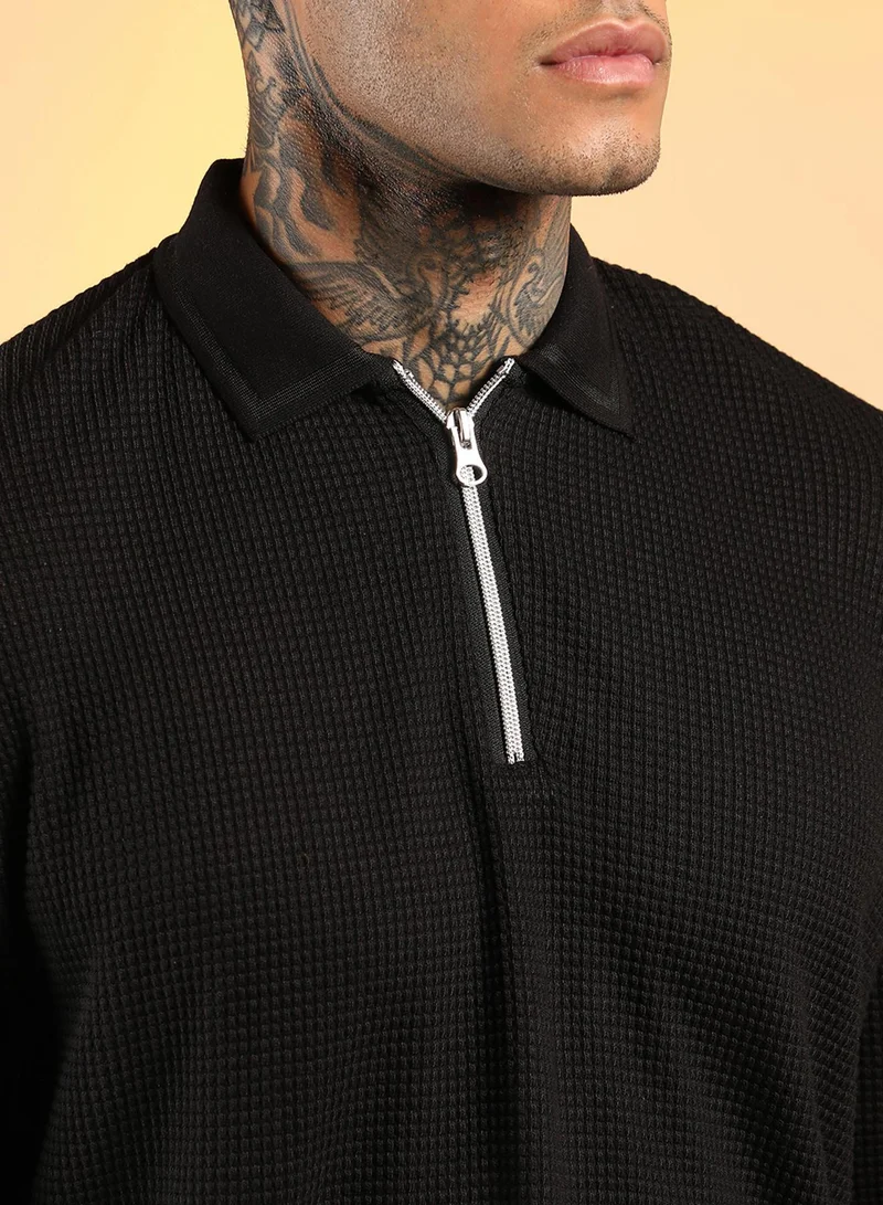 CAHOOT  Men's Onyx Black Micro-Waffle Polo T-Shirt for Men | Best Price UAE