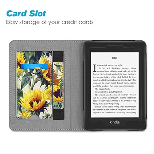 Fintie Stand Case for 6" Kindle Paperwhite (Fits 10th Generation 2018 and All Paperwhite Generations Prior to 2018) - Premium PU Leather Sleeve Cover with Card Slot and Hand Strap, Sunflowers - Image 4