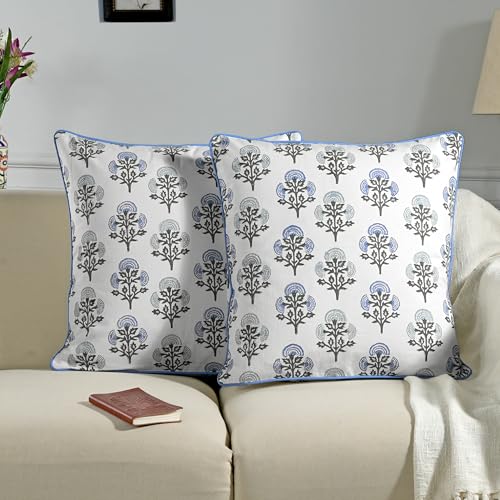 Ridhi Block Print Mughal Buta Blue Pillow Cover 20 x 20 Pack of 2 Decorative Couch Pillows for Living Room Farmhouse Chic Boho Cute Outdoor Pillows Covers Gifts for Spring Mothers Day - Image 3