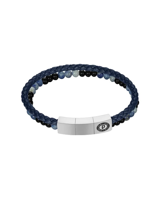 بوليس سوار مزدوج للرجال من الفولاذ المقاوم للصدأ والذهب مع جلد أزرق وحبات العقيق الأزرق