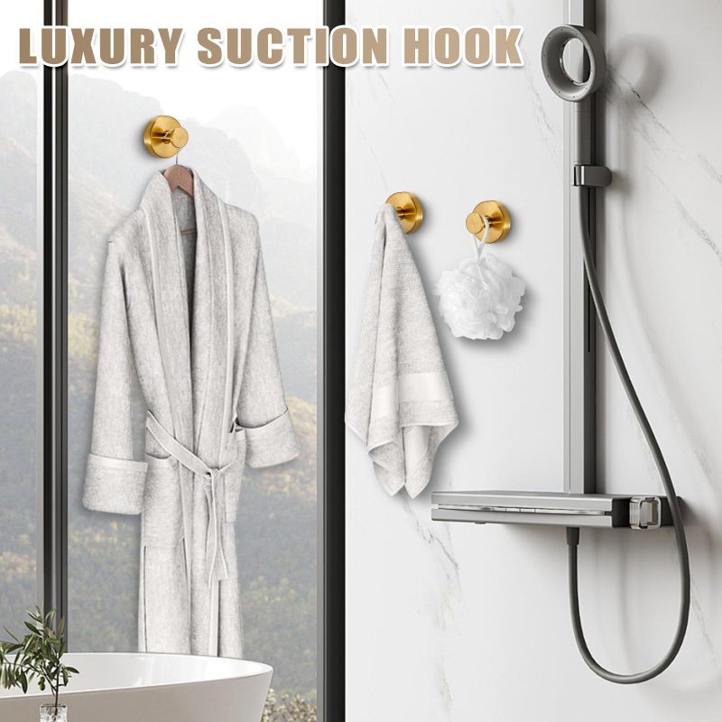 Fenas Suction Cup Hooks for Shower No-Drill Bathroom Hooks for Towels, Robes, Loofah Mountable on Bathroom Walls, Kitchen, Glass, Mirrors, Tile and Smooth,Non-Porous Surfaces (2 Pack, Brushed Gold) - Image 5