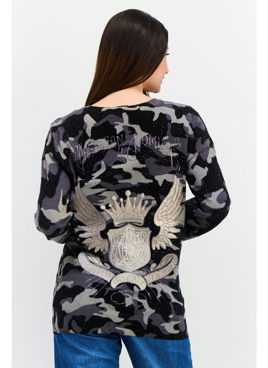 CHRISTIAN AUDIGIER Women V-Neck Camouflag Sweater, Black Combo  - Image 3