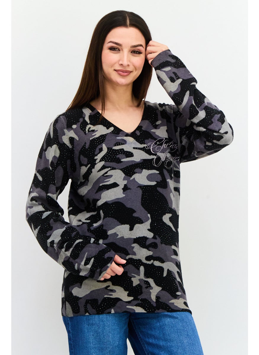 CHRISTIAN AUDIGIER Women V-Neck Camouflag Sweater, Black Combo  - Image 1