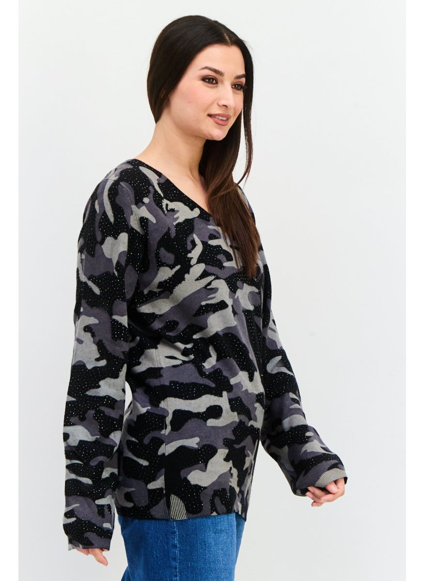 CHRISTIAN AUDIGIER Women V-Neck Camouflag Sweater, Black Combo  - Image 2