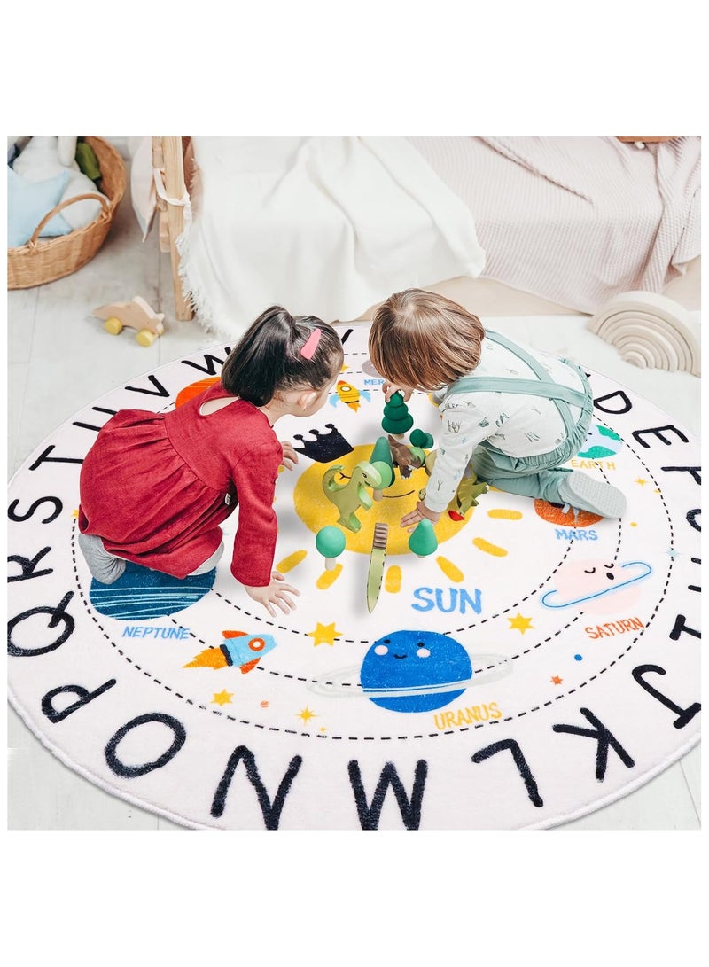 هاي هونور سجادة دائرية للأطفال من الرسوم المتحركة، سجادة حضانة قابلة للغسل، سجادة دائرية تعليمية ناعمة من القطيفة، سجادة أبجدية غير قابلة للانزلاق لنظام الطاقة الشمسية لغرفة اللعب في الفصول الدراسية وغرفة النوم وديكور غرفة الأطفال - Image 2