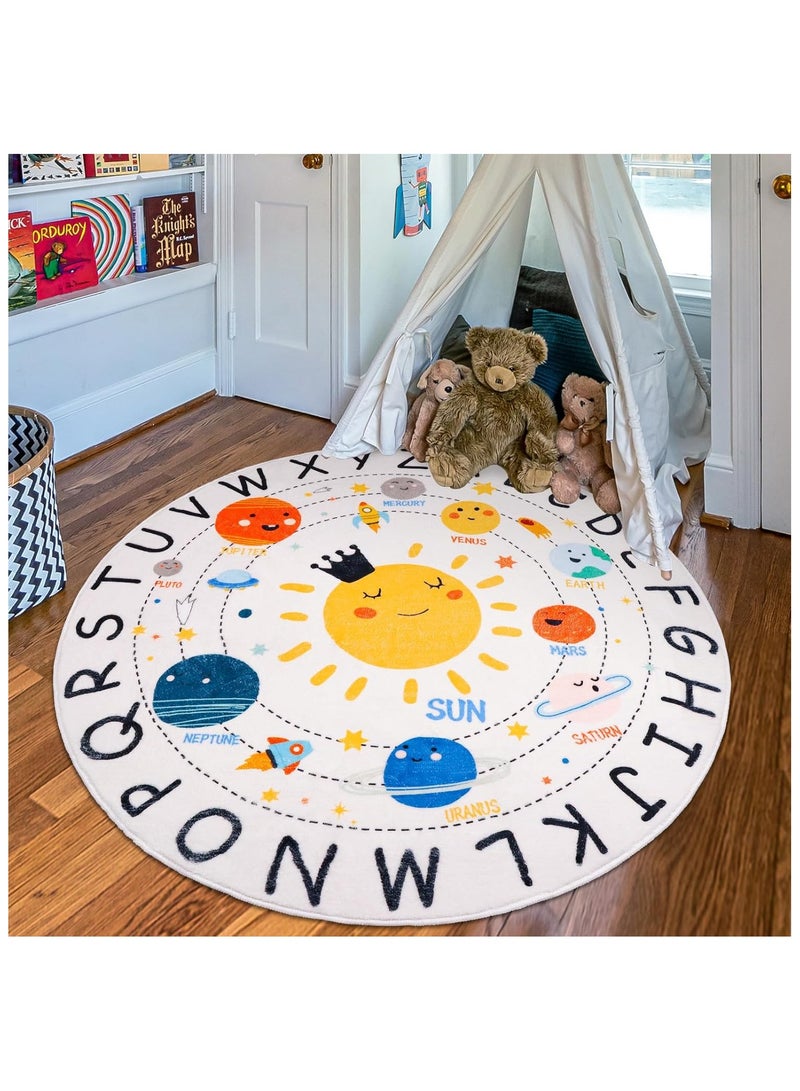 هاي هونور سجادة دائرية للأطفال من الرسوم المتحركة، سجادة حضانة قابلة للغسل، سجادة دائرية تعليمية ناعمة من القطيفة، سجادة أبجدية غير قابلة للانزلاق لنظام الطاقة الشمسية لغرفة اللعب في الفصول الدراسية وغرفة النوم وديكور غرفة الأطفال - Image 1