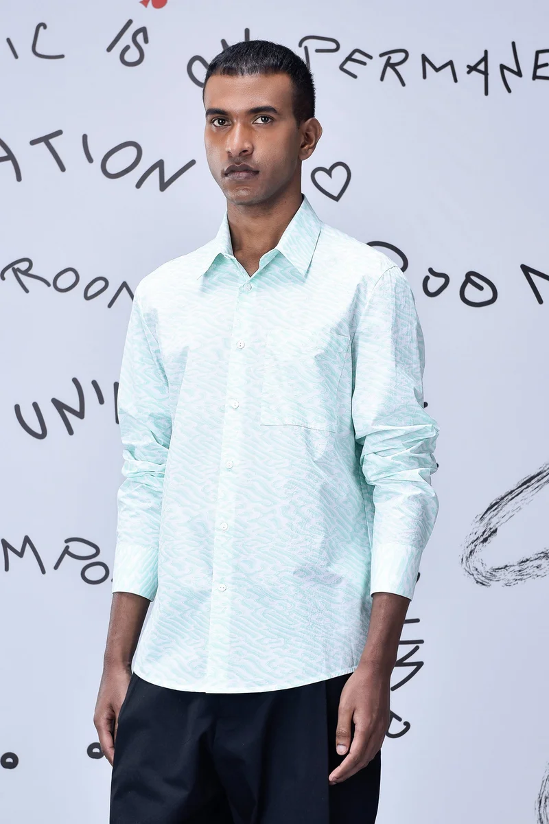 Genes Lecoanet Hemant Labyrinth Cotton Regular Fit Shirt- Nile Green