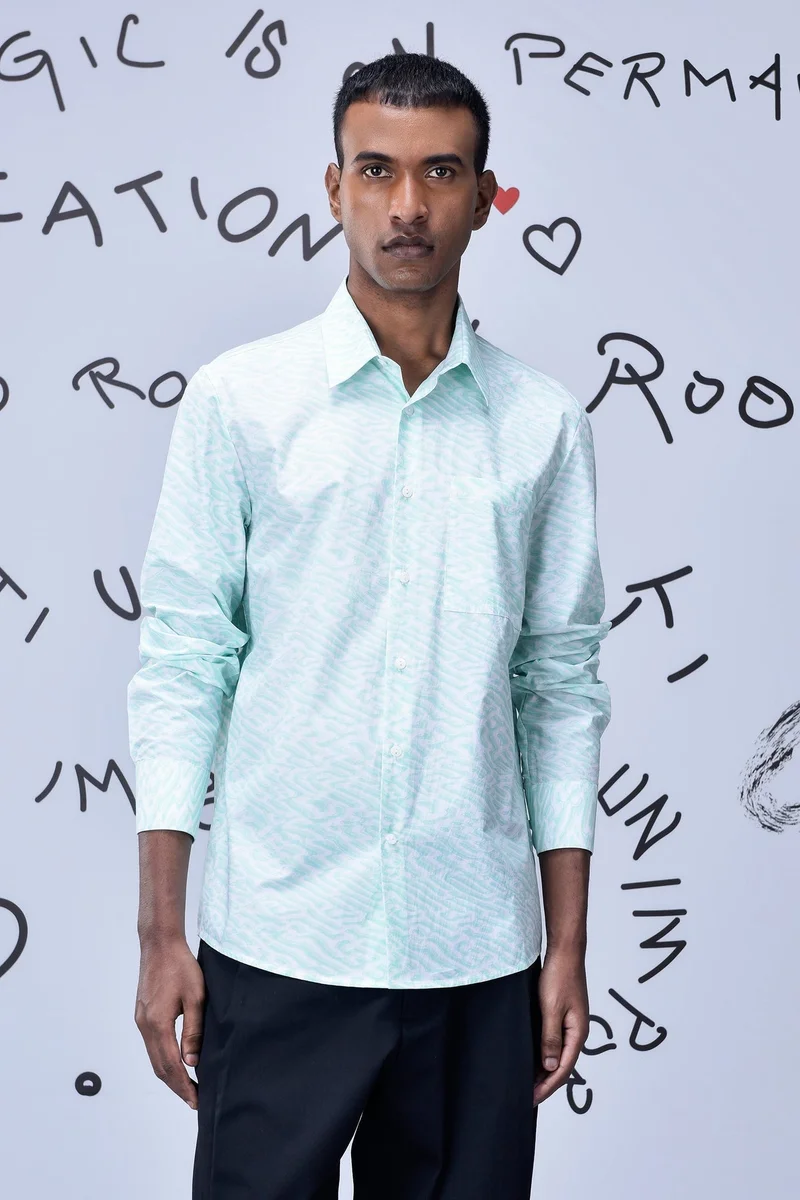 Genes Lecoanet Hemant Labyrinth Cotton Regular Fit Shirt- Nile Green