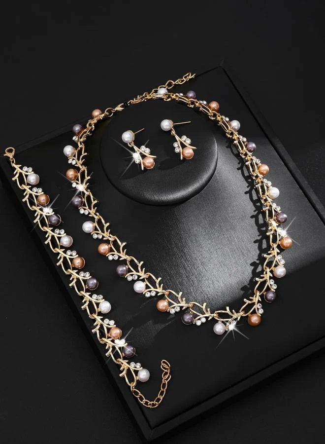 تايك تو طقم مجوهرات قلادة وسوار وأقراط مزينة بلؤلؤ صناعي 3 قطع