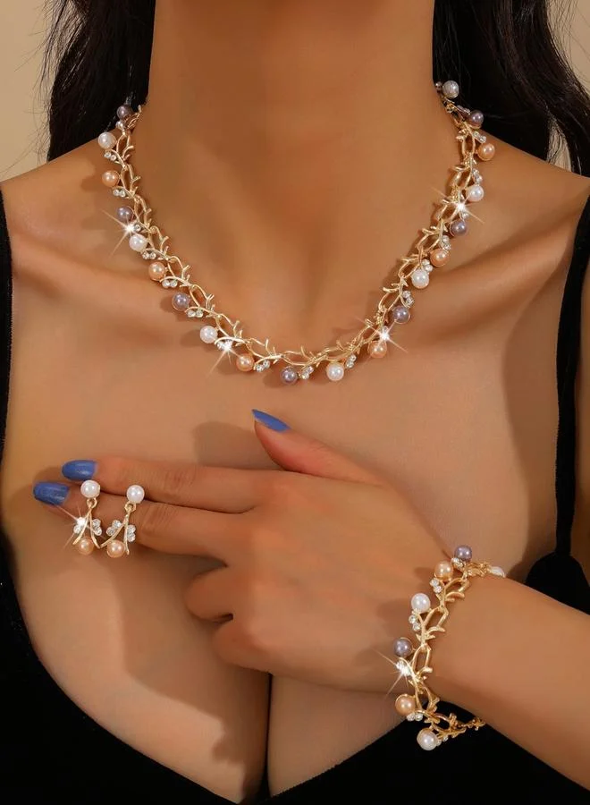 تايك تو طقم مجوهرات قلادة وسوار وأقراط مزينة بلؤلؤ صناعي 3 قطع