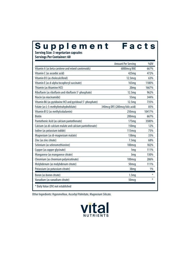 Vital Nutrients فيتال نيوترينتس - تركيبة متعددة العناصر الغذائية 2 - صيغة سيتريت/ماليت (مع النحاس وبدون الحديد) - متعدد الفيتامينات/المعادن، مضادات أكسدة قوية، صيغة لطيفة متاحة حيوياً - 180 كبسولة نباتية لكل زجاجة - Image 2