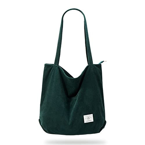 KALIDI FANCY FOREST KALIDI Corduroy Bag Women Large Tote Bag with Zipper Pockets Casual Shoulder Bag Big Capacity Shopping Bag, Dark Green - Image 1