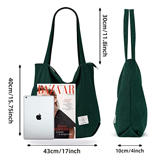 KALIDI FANCY FOREST KALIDI Corduroy Bag Women Large Tote Bag with Zipper Pockets Casual Shoulder Bag Big Capacity Shopping Bag, Dark Green - Image 2