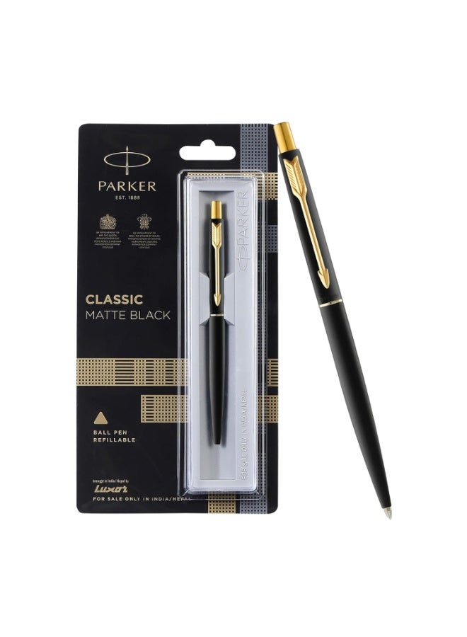 Parker Classic Matte Black Gold Trim Ball Pen| Ink Color - Blue | Unique Gift For Employees | Leading Pen For Corporate - Image 1