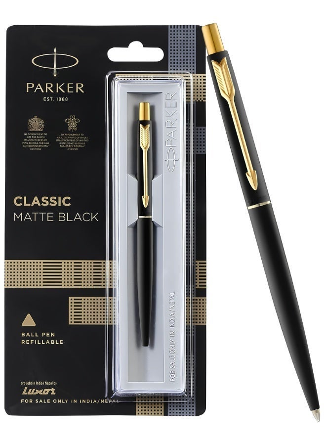 Parker Classic Matte Black Gold Trim Ball Pen| Ink Color - Blue | Unique Gift For Employees | Leading Pen For Corporate - Image 1