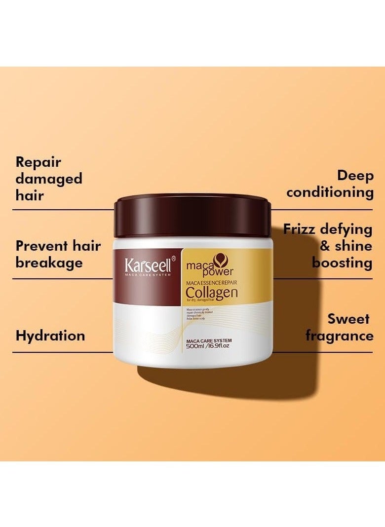 Karseell - Karseell Collagen Maca Hair Treatment Deep Repair Conditioning Hair Mask Argan Oil Coconut Oil Essence for Dry Damaged Hair 16.90 Fl oz 500ml - Image 1