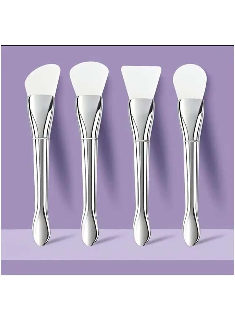 BOLREUS 4 Pcs Multifunctional Silicone Facial Mask Brush Set, Ultra-Thin Flat Head Applicator With Silver-Handle, Dual-Ended Facial Mask Brush & Spatula, Soft Touch - Image 1