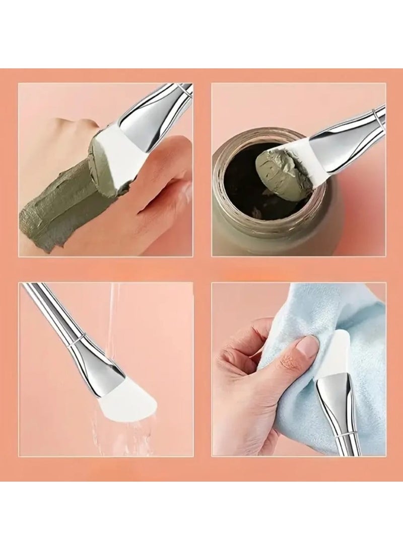 BOLREUS 4 Pcs Multifunctional Silicone Facial Mask Brush Set, Ultra-Thin Flat Head Applicator With Silver-Handle, Dual-Ended Facial Mask Brush & Spatula, Soft Touch - Image 2