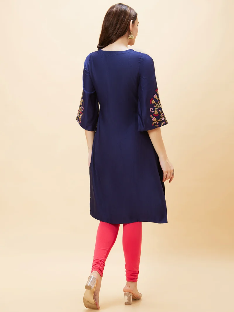 globus Globus Women V-Neck Floral Embroidery A-Line Festive Kurta