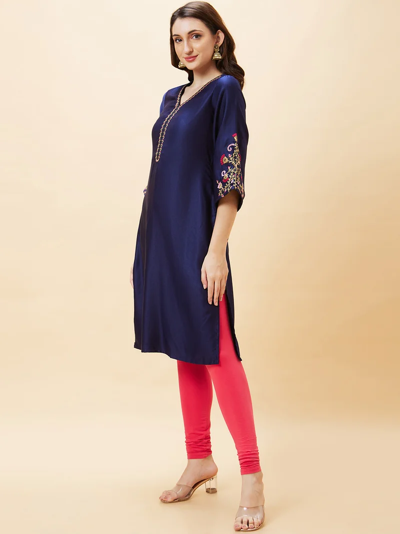 globus Globus Women V-Neck Floral Embroidery A-Line Festive Kurta